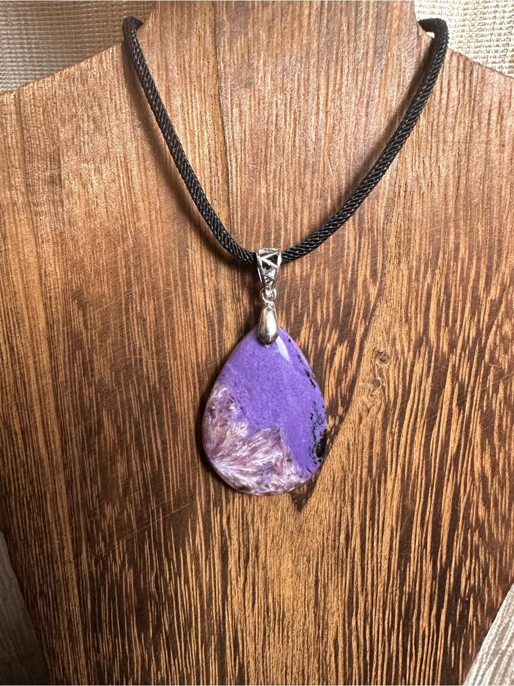 Charoite Teardrop Necklace on Sterling Silver Bail and Black Rope